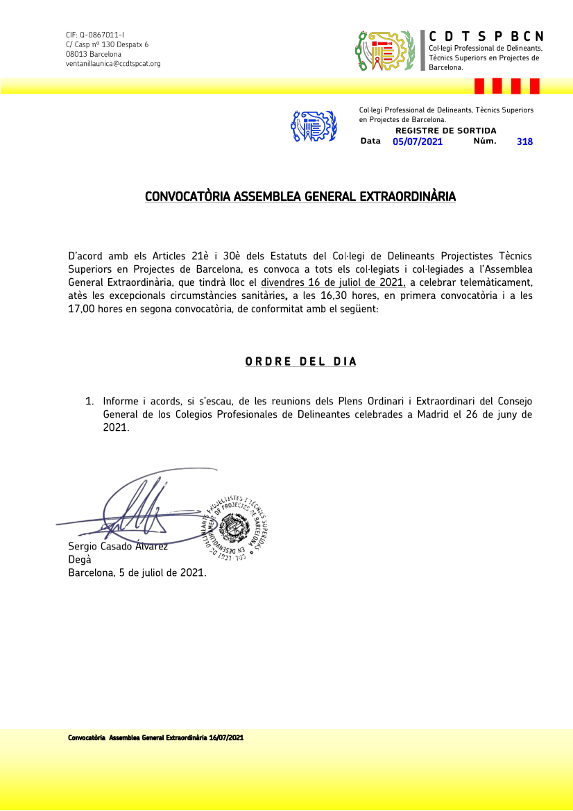 CONVOCATORIA DE ASAMBLEA GENERAL EXTRAORDINARIA – COL·LEGI OFICIAL